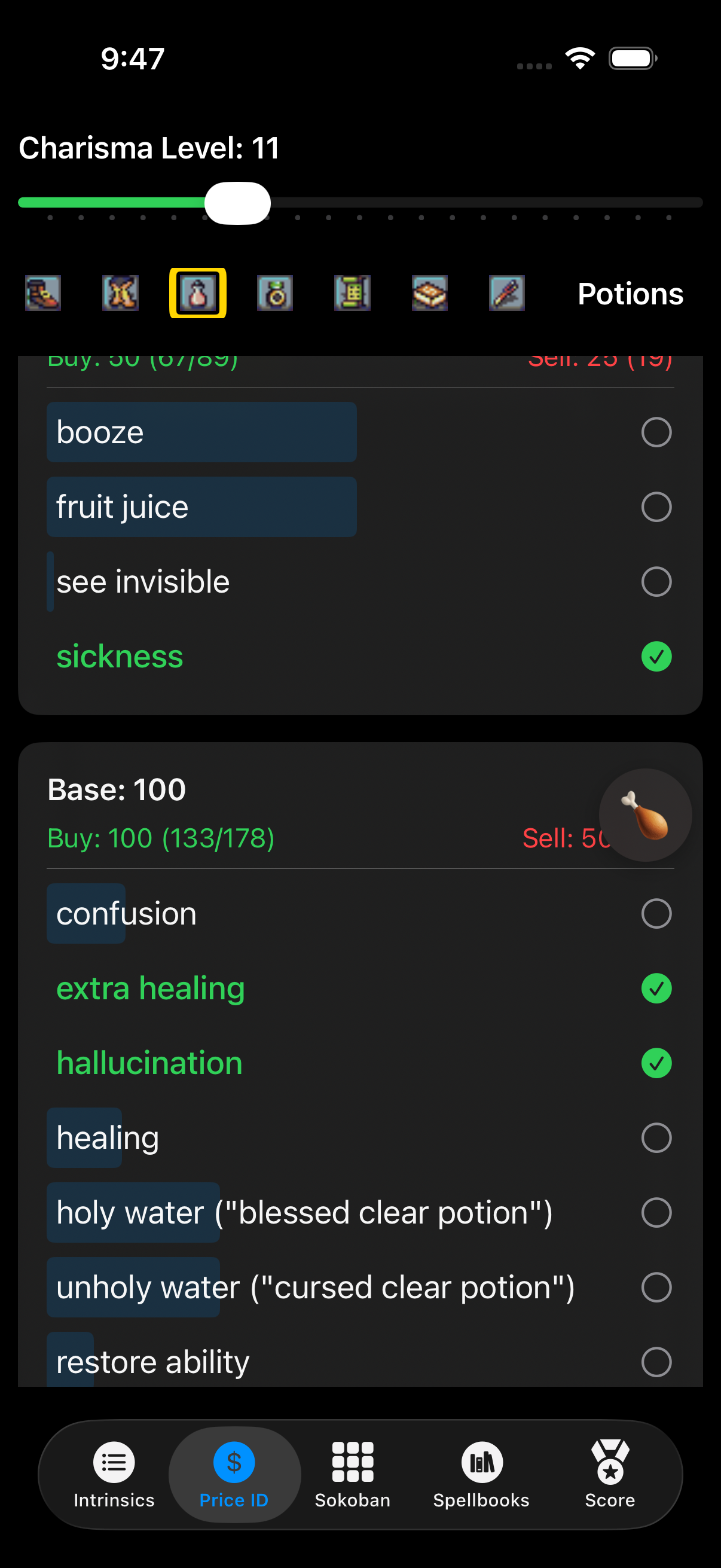 Price Identification screen showing potions with charisma slider