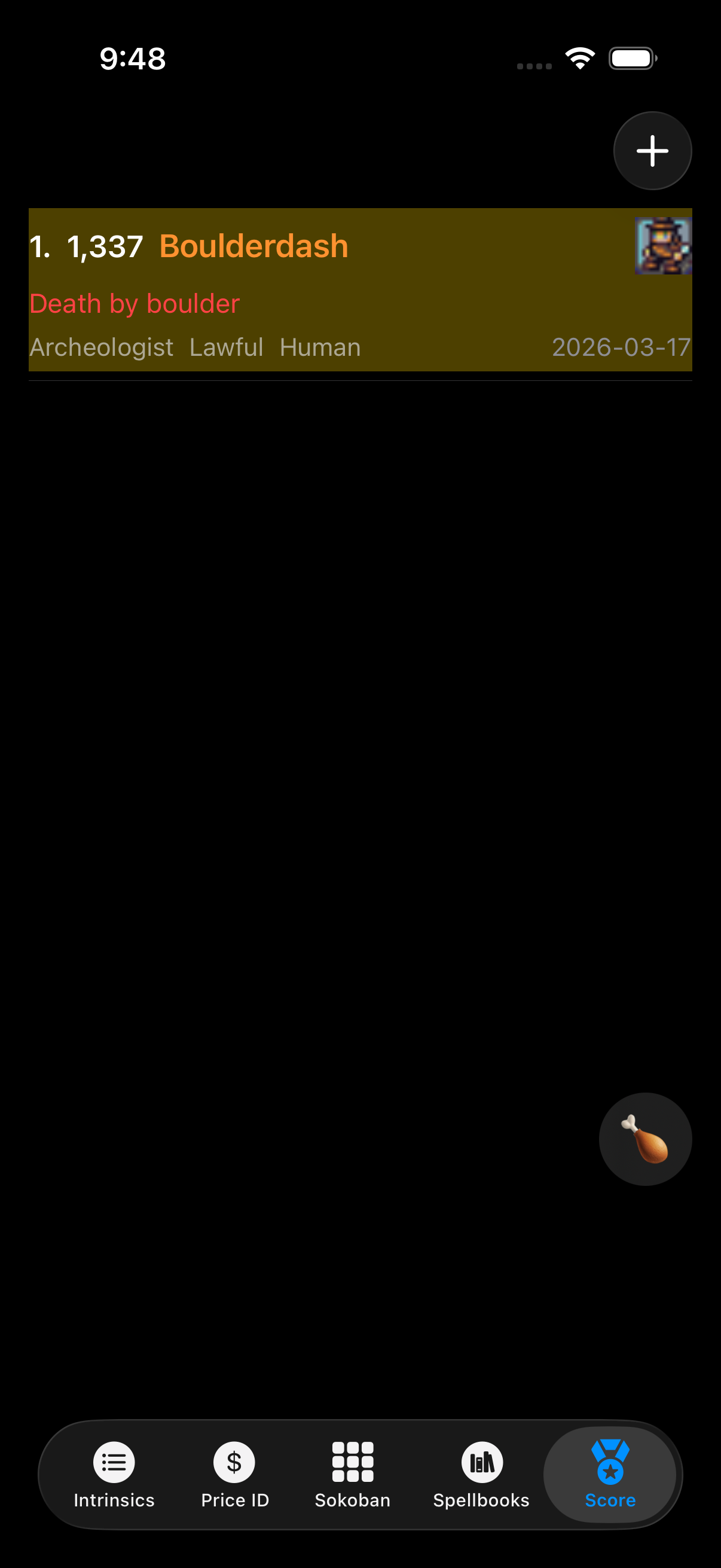 Score management screen with ranked entries