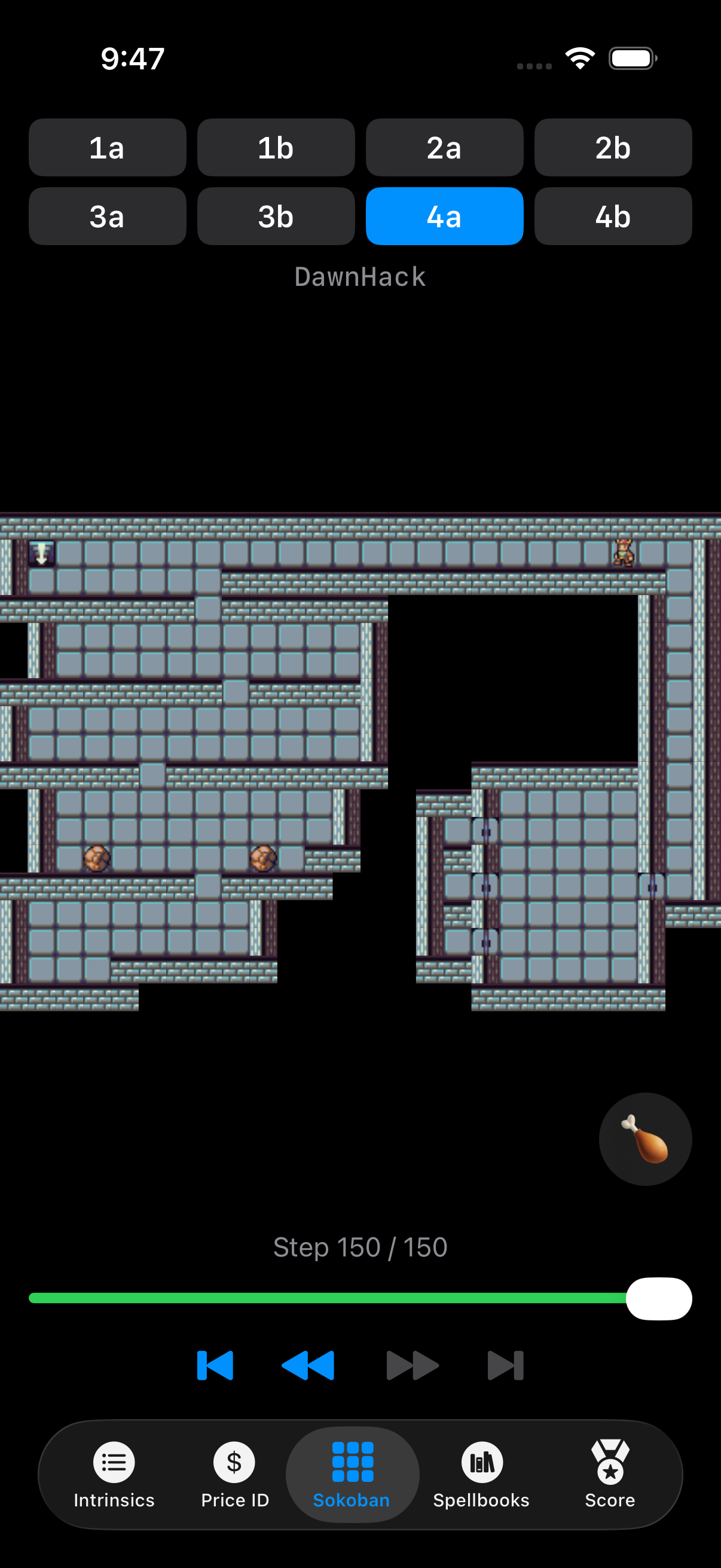 Sokoban viewer showing level 4a with DawnHack tiles