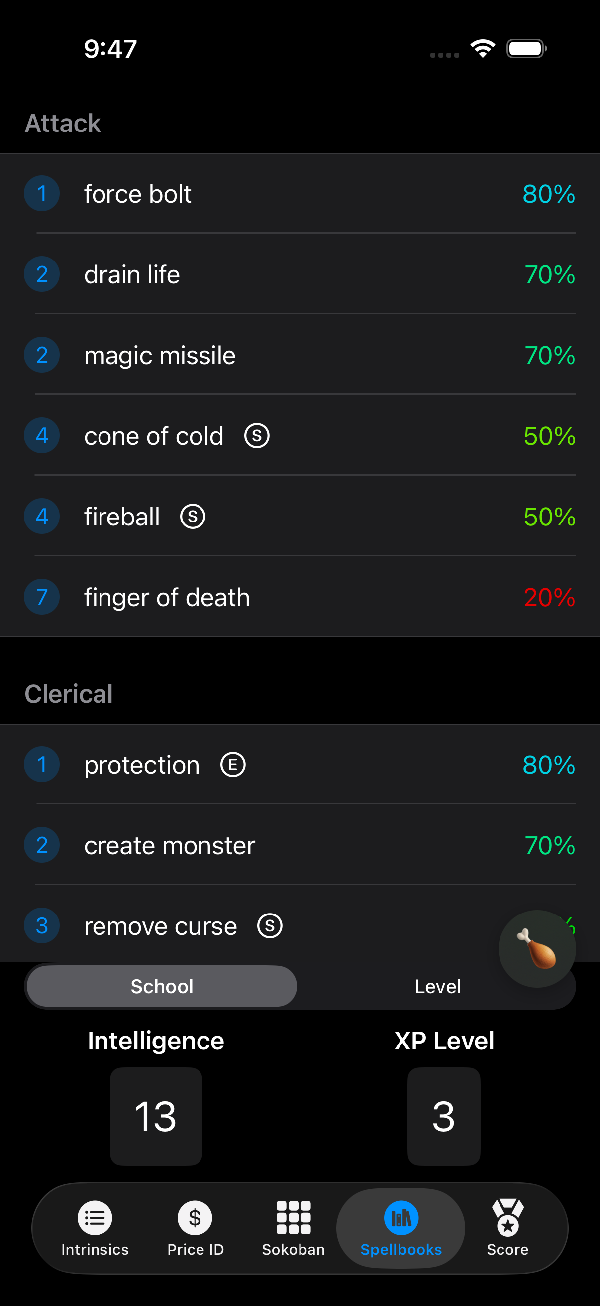 Spellbooks screen showing success rates by school